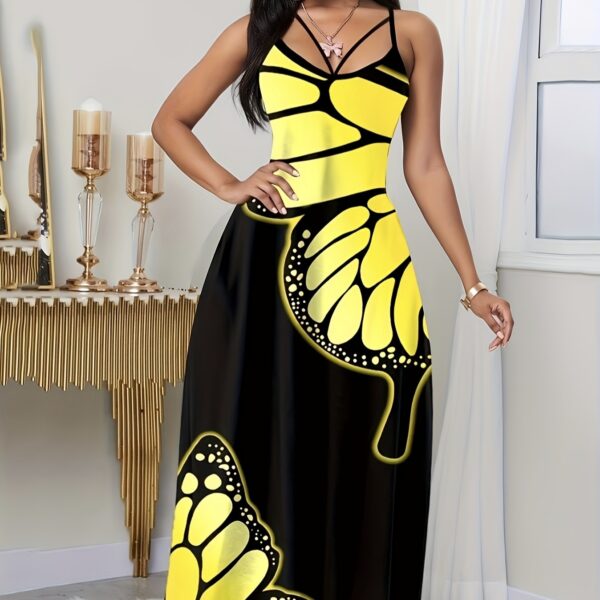 Ladies' V-neck Fashionable Butterfly Print Black Long Skirt Dress - Image 2